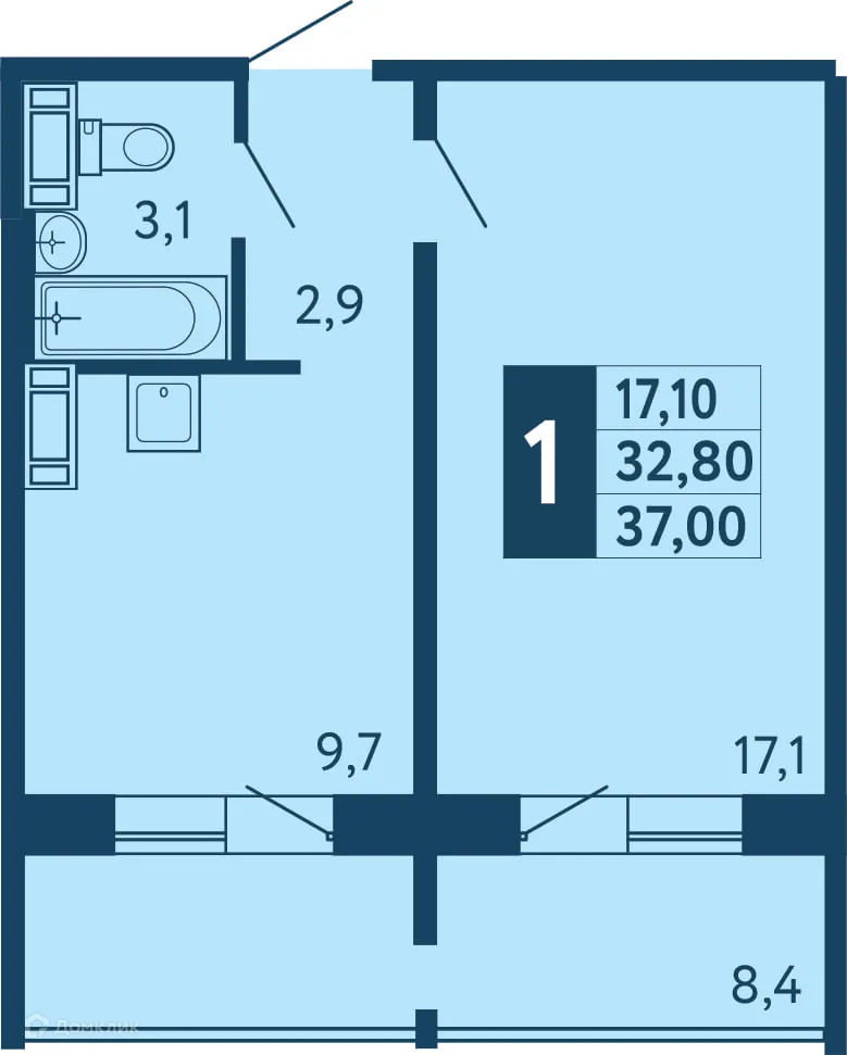 Планировка 1-комнатной квартиры 37 м² в ЖК "Новая Дема", г. Уфа — фото 1