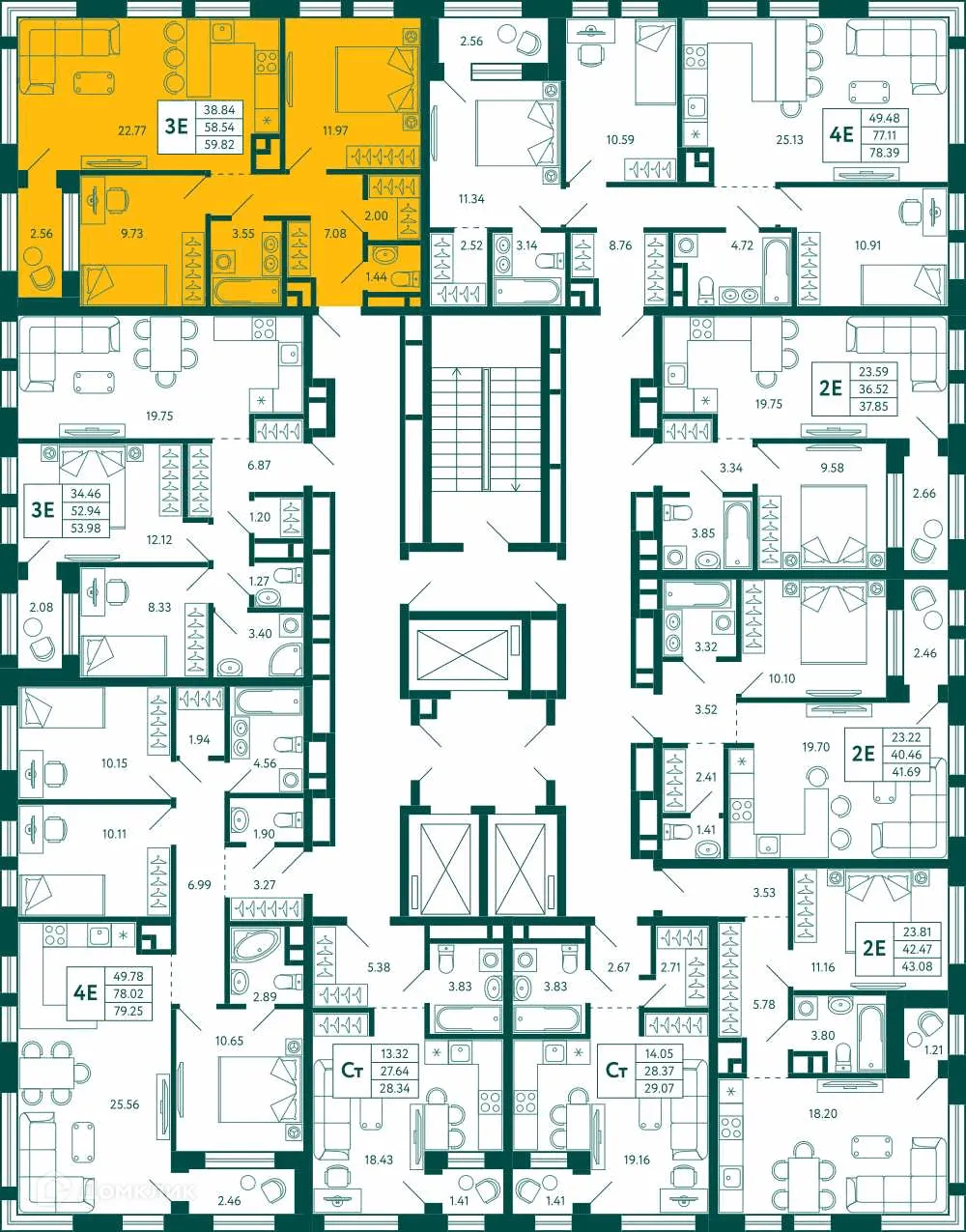 Планировка 2-комнатной квартиры 59.82 м² в ЖК Terle park (Терле Парк), г. Уфа — фото 2