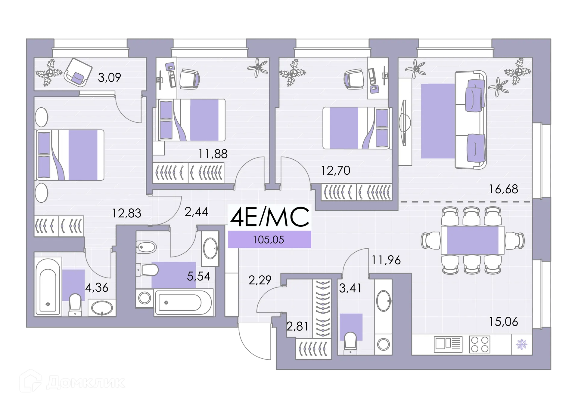 Планировка 4-комнатной квартиры 104.8 м² в ЖК Квартал Самоцветы, г. Уфа — фото 1