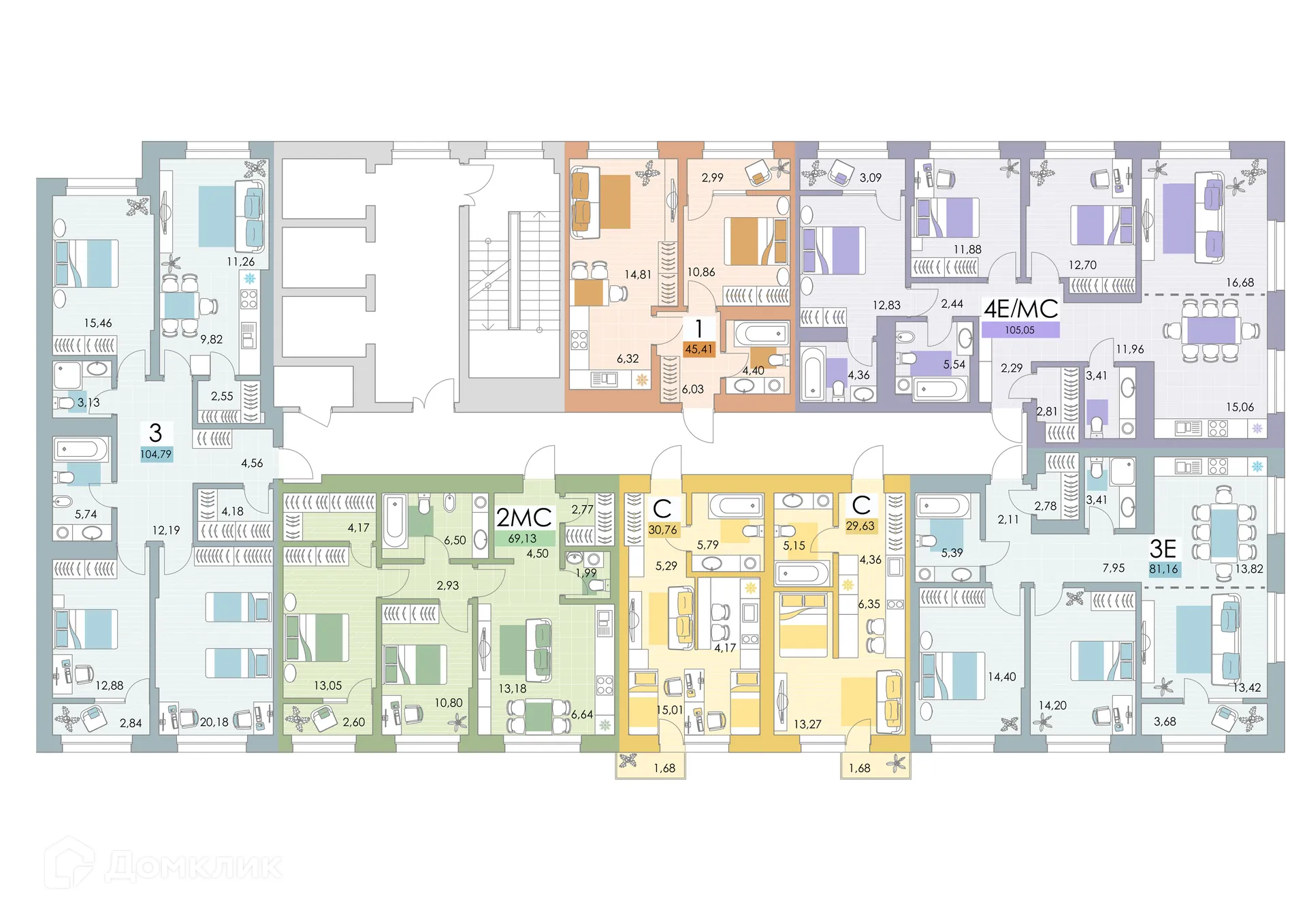 Планировка 4-комнатной квартиры 104.8 м² в ЖК Квартал Самоцветы, г. Уфа — фото 2