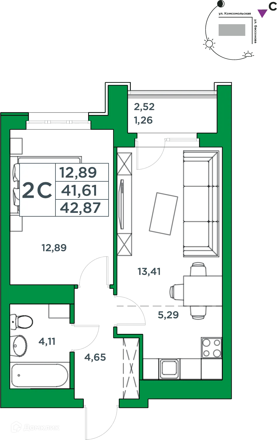 Планировка 1-комнатной квартиры 41.61 м² в ЖК Сапфир, г. Уфа — фото 1