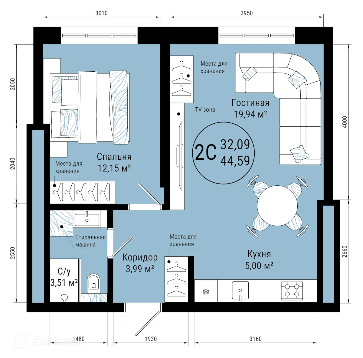 Планировка 2-комнатной квартиры 44.59 м² в ЖК VETER (Ветер), г. Уфа — фото 1