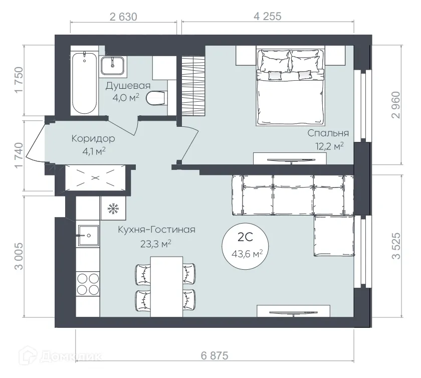 Планировка 2-комнатной квартиры 43.6 м² в ЖК "Le CRISTAL" (Ле Кристал), г. Уфа — фото 1