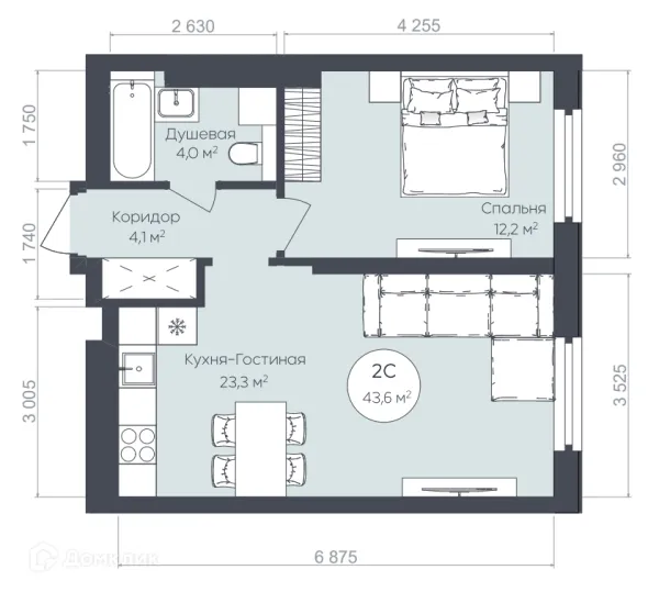 Планировка 2 комн. в ЖК "Le CRISTAL" (Ле Кристал)