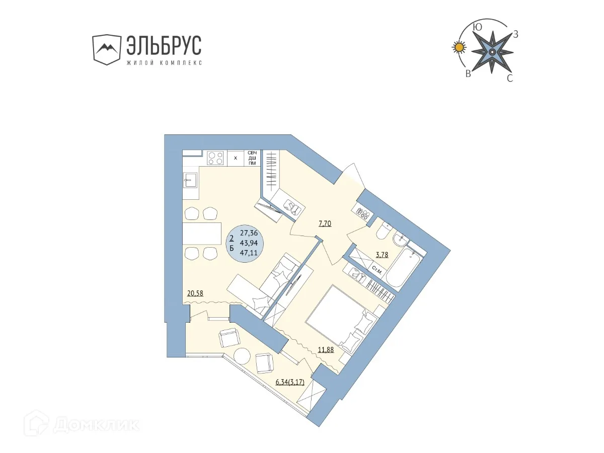 Планировка 2-комнатной квартиры 47.11 м² в ЖК Эльбрус, г. Уфа — фото 1