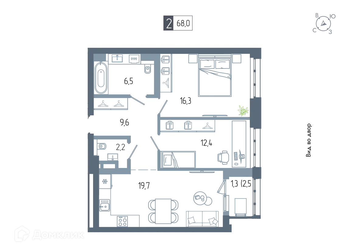 Планировка 2-комнатной квартиры 67 м² в ЖК АУРУМ, г. Уфа — фото 1