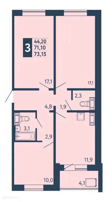 Планировка 3-комнатной квартиры 73.15 м² в ЖК "Новая Дема", г. Уфа — фото 1