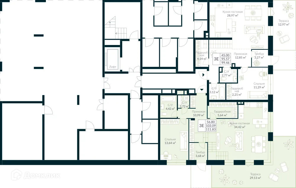 Планировка 3-комнатной квартиры 111.83 м² в ЖК URMAN Сity (Урман Сити), г. Уфа — фото 2