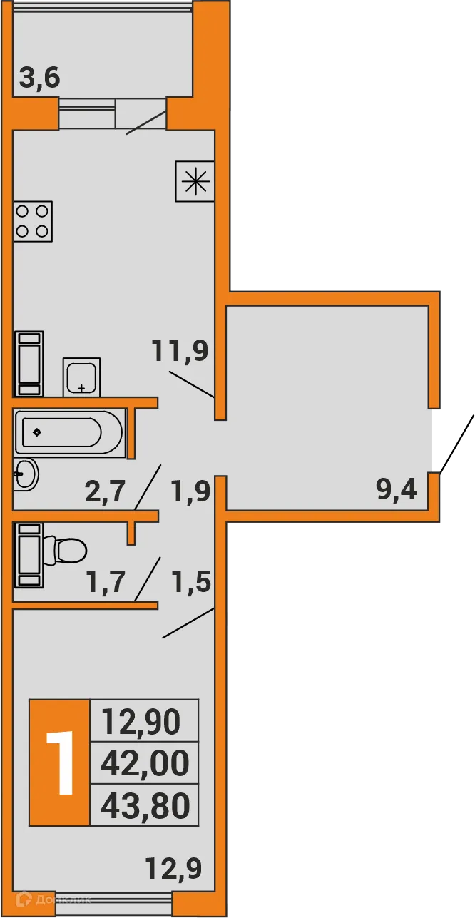 Планировка 1-комнатной квартиры 43.8 м² в ЖК НЬЮ-ЙОРТ, г. Уфа — фото 1