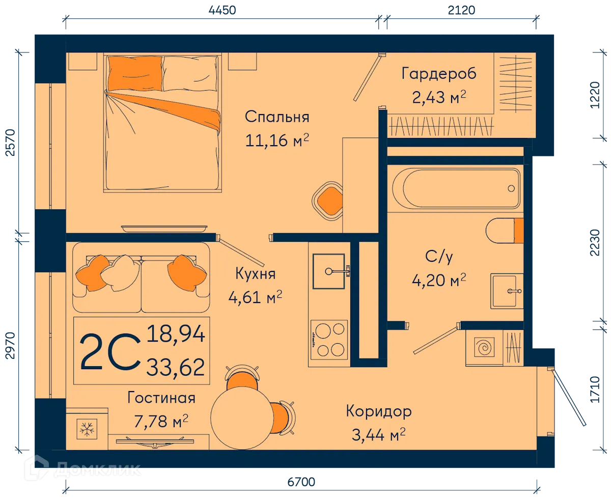 Планировка 2-комнатной квартиры 33.62 м² в ЖК РИВЕР, г. Уфа — фото 1