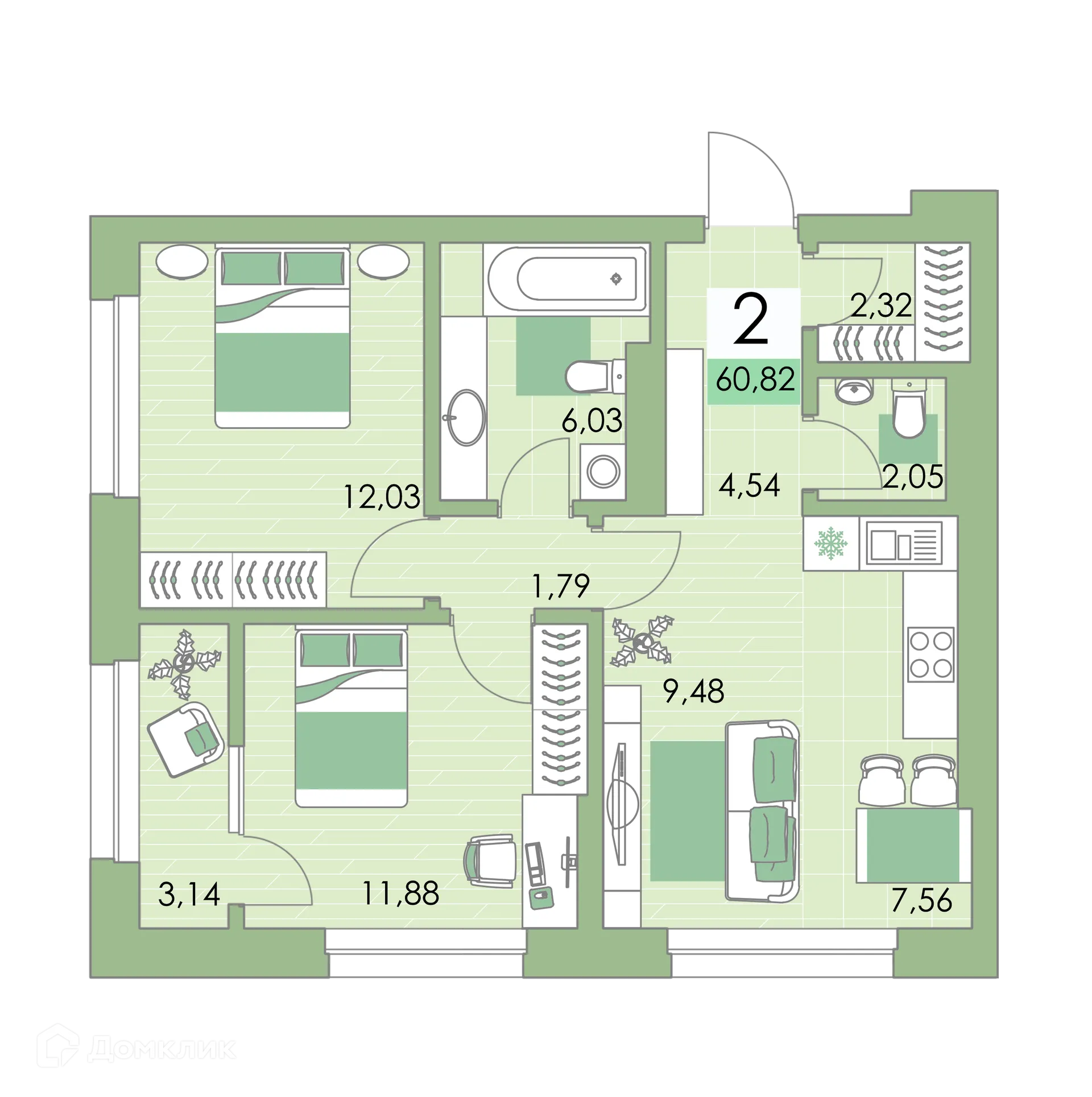 Планировка 2-комнатной квартиры 59.8 м² в ЖК Квартал Самоцветы, г. Уфа — фото 1