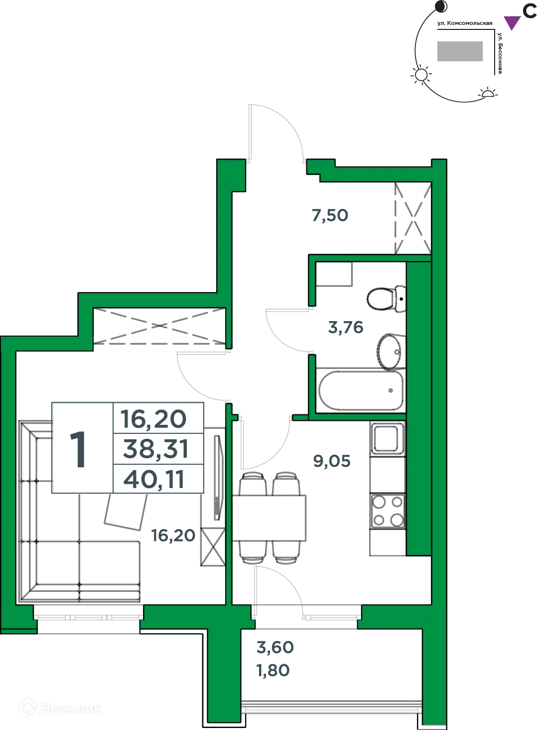 Планировка 1-комнатной квартиры 38.31 м² в ЖК Сапфир, г. Уфа — фото 1