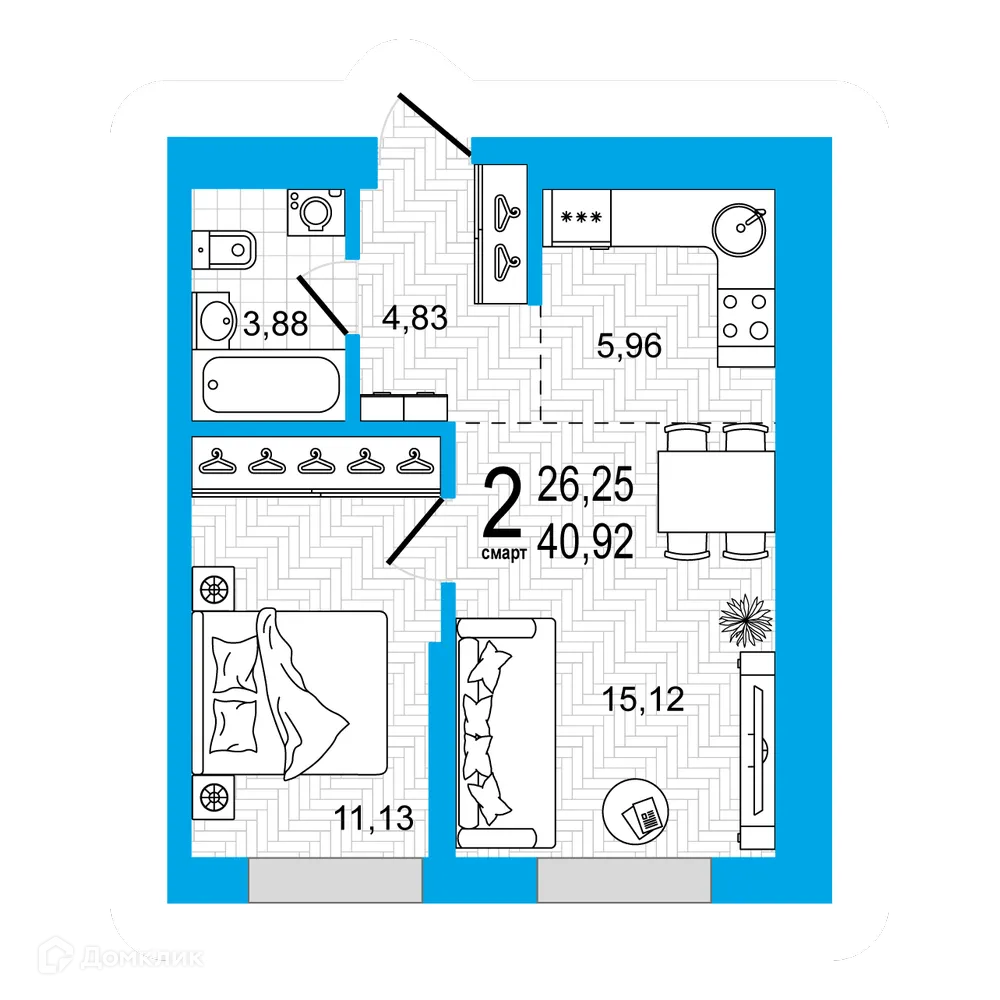 Планировка 1-комнатной квартиры 40.92 м² в ЖК Эдисон, г. Уфа — фото 2
