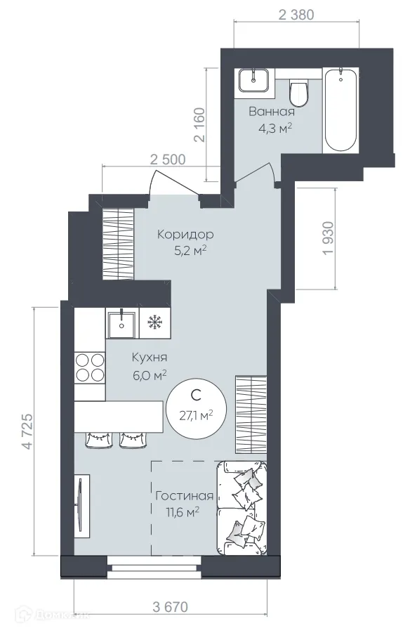 Планировка студии квартиры 27.1 м² в ЖК "Le CRISTAL" (Ле Кристал), г. Уфа — фото 1