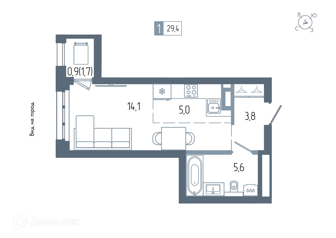 Планировка студии квартиры 29.4 м² в ЖК АУРУМ, г. Уфа — фото 1