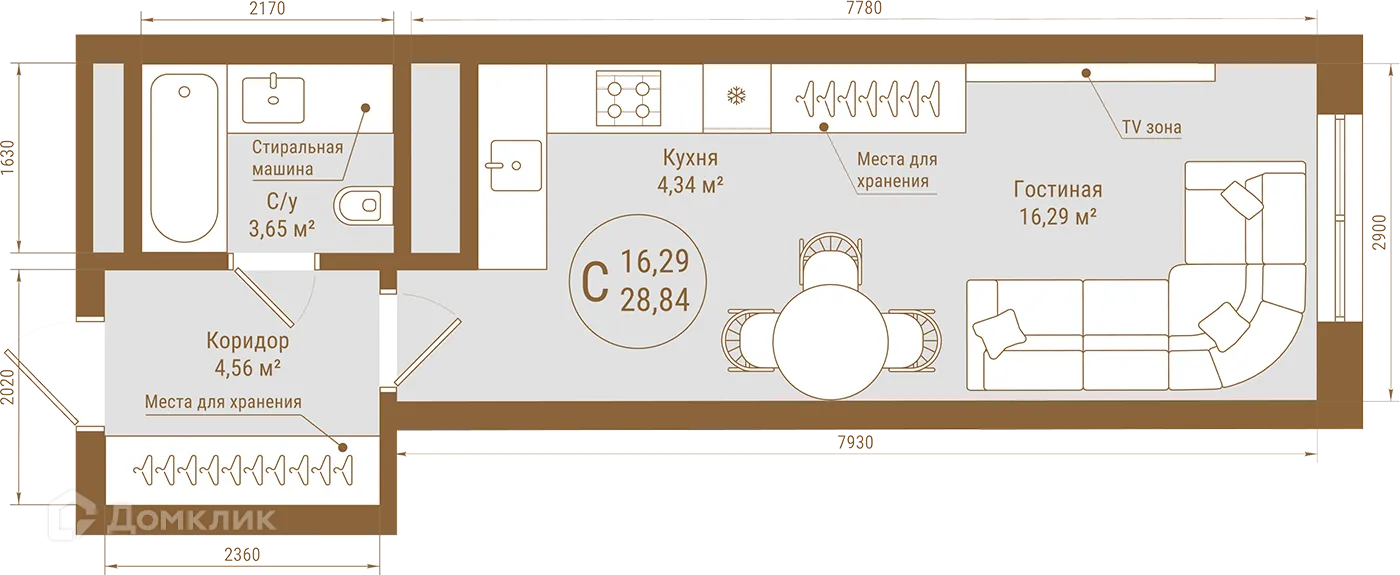 Планировка студии квартиры 28.84 м² в ЖК THE PRIME, г. Уфа — фото 1