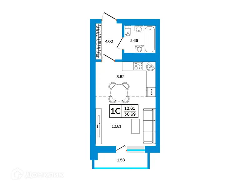 Планировка студии квартиры 30.69 м² в ЖК Некрасовский, г. Уфа — фото 1