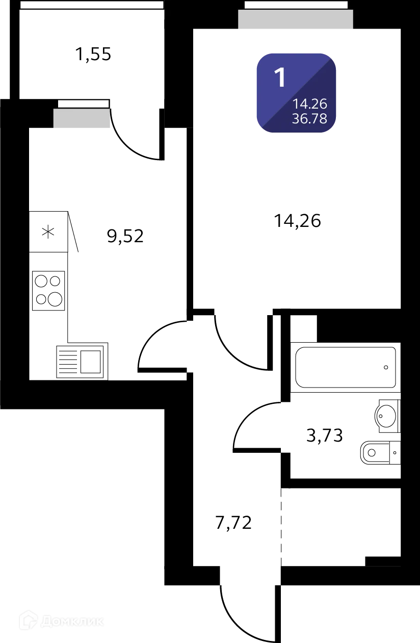 Планировка 1-комнатной квартиры 36.78 м² в ЖК Черника, г. Уфа — фото 1