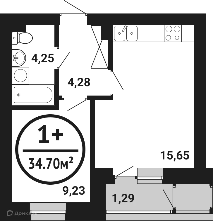 Планировка 1-комнатной квартиры 34.7 м² в ЖК Цветы Башкирии, г. Уфа — фото 1