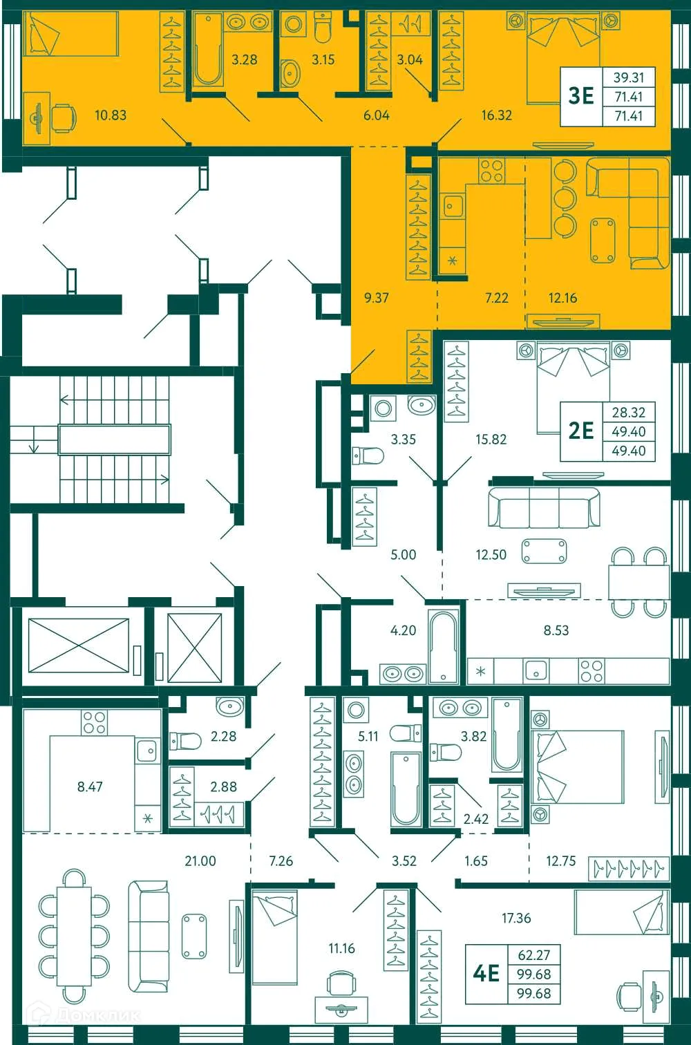 Планировка 2-комнатной квартиры 71.41 м² в ЖК Terle park (Терле Парк), г. Уфа — фото 2