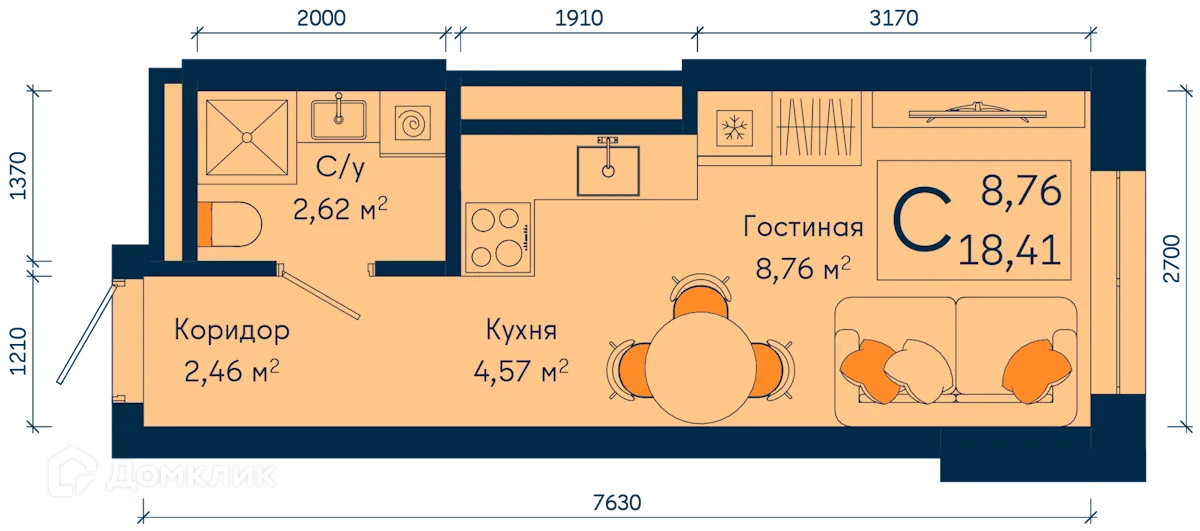 Планировка студии квартиры 18.41 м² в ЖК РИВЕР, г. Уфа — фото 1
