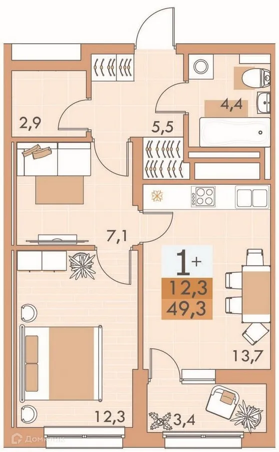 Планировка 1-комнатной квартиры 49.4 м² в ЖК Квартал Самоцветы, г. Уфа — фото 2