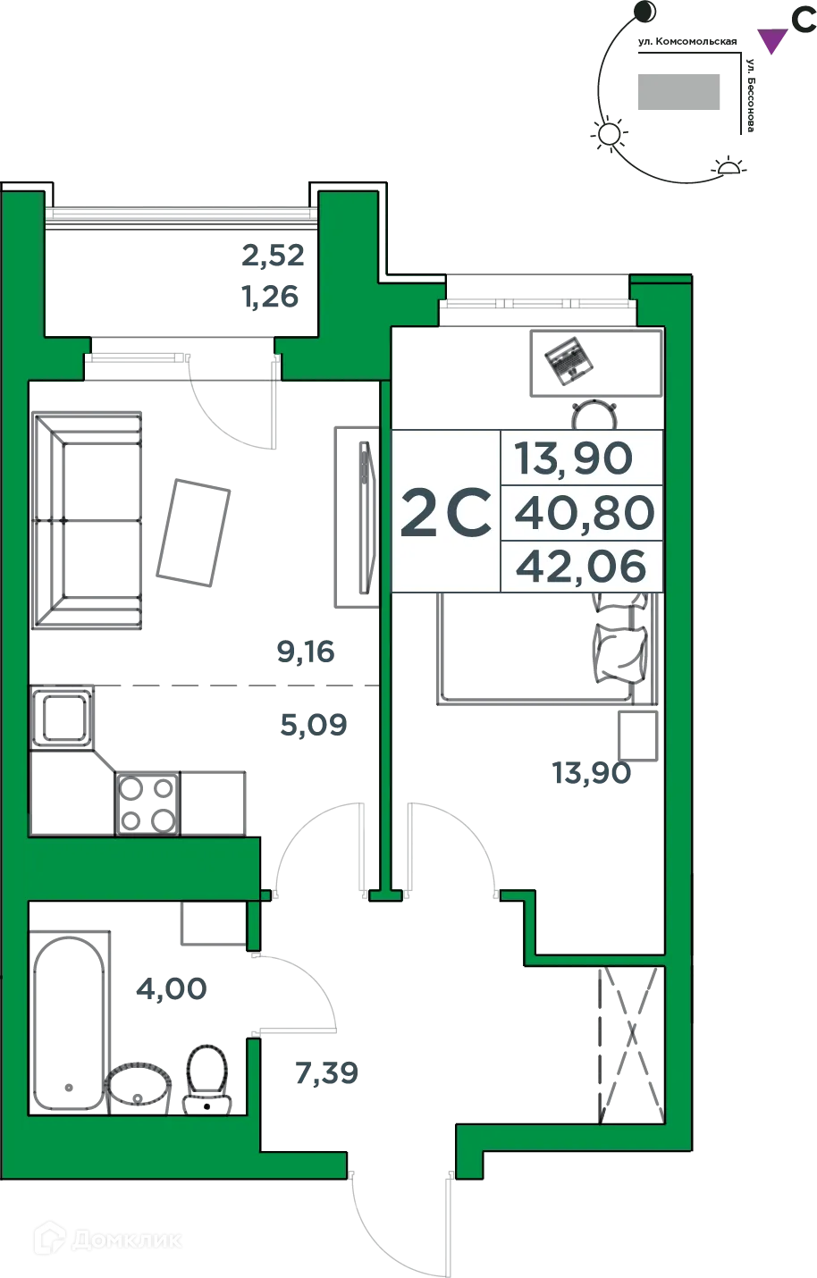 Планировка 1-комнатной квартиры 40.8 м² в ЖК Сапфир, г. Уфа — фото 1