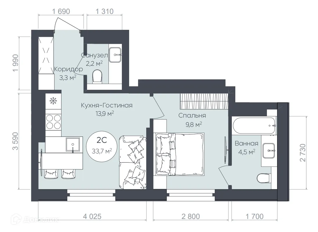 Планировка 2-комнатной квартиры 33.7 м² в ЖК "Le CRISTAL" (Ле Кристал), г. Уфа — фото 1
