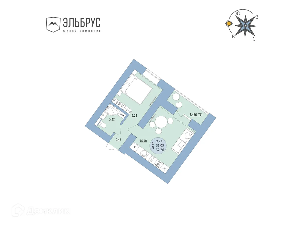 Планировка 1-комнатной квартиры 32.76 м² в ЖК Эльбрус, г. Уфа — фото 1