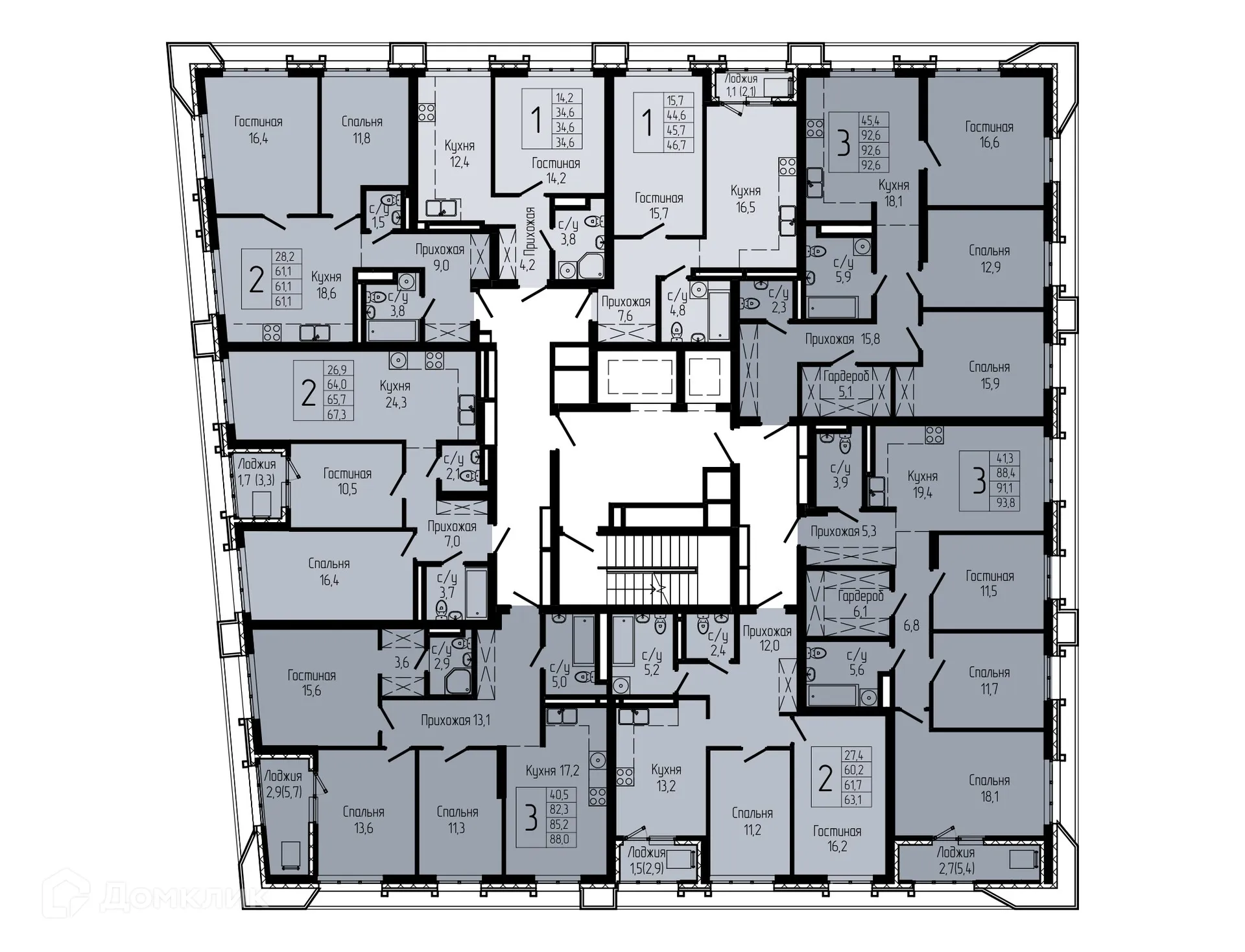 Планировка 3-комнатной квартиры 92.6 м² в ЖК АУРУМ, г. Уфа — фото 2