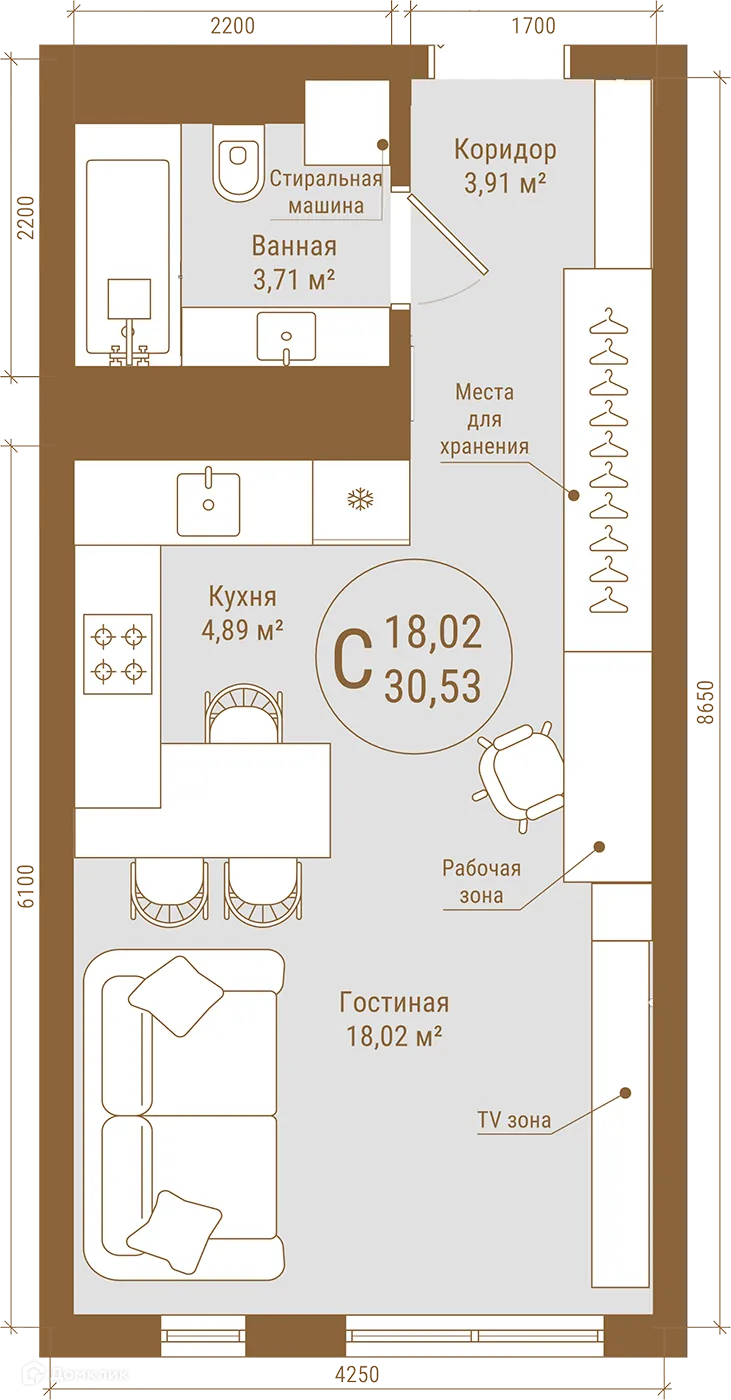 Планировка студии квартиры 30.53 м² в ЖК THE PRIME, г. Уфа — фото 1
