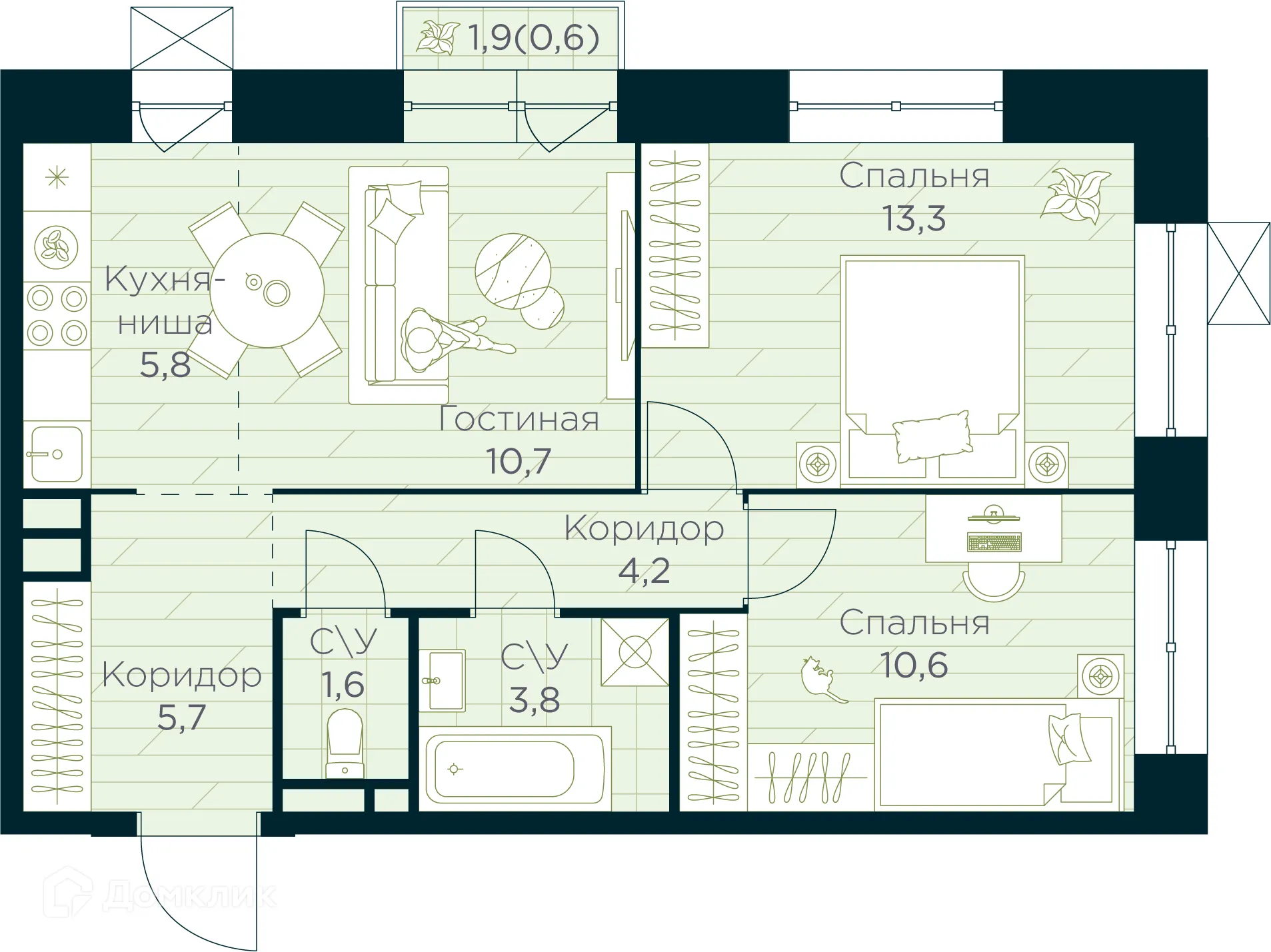 Планировка 3-комнатной квартиры 56.3 м² в ЖК URMAN Сity (Урман Сити), г. Уфа — фото 1