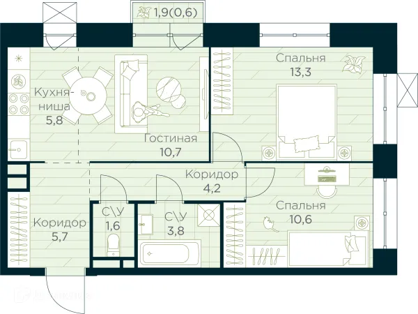 Планировка 3 комн. в ЖК URMAN Сity (Урман Сити)