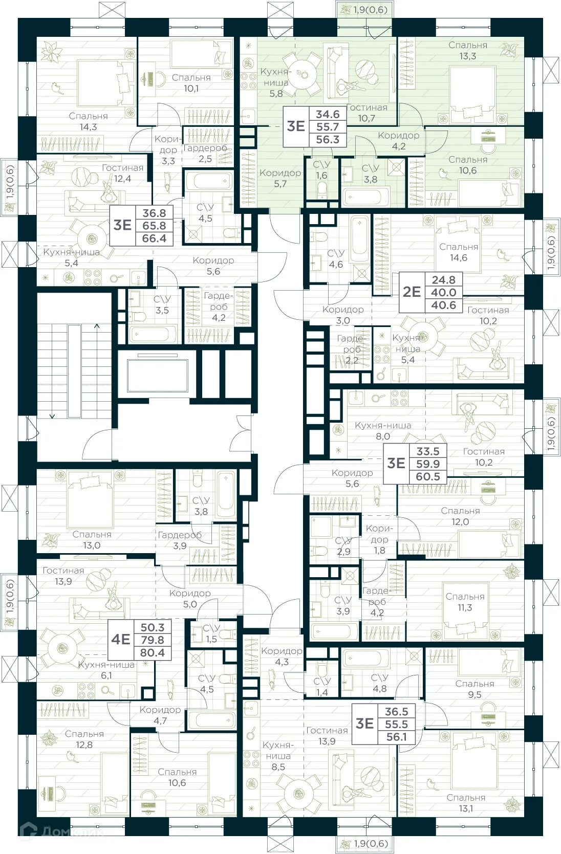Планировка 3-комнатной квартиры 56.3 м² в ЖК URMAN Сity (Урман Сити), г. Уфа — фото 2