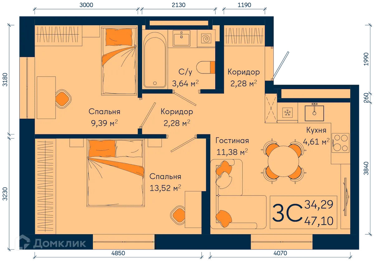 Планировка 3-комнатной квартиры 47.1 м² в ЖК РИВЕР, г. Уфа — фото 1