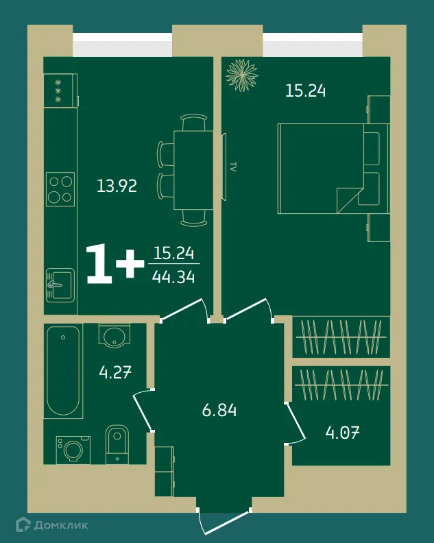 Планировка 1-комнатной квартиры 44.34 м² в Централ парк, г. Уфа — фото 1