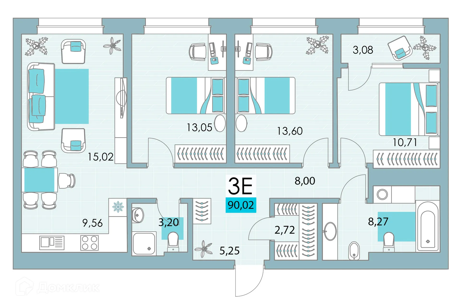 Планировка 3-комнатной квартиры 91.9 м² в ЖК Квартал Самоцветы, г. Уфа — фото 1