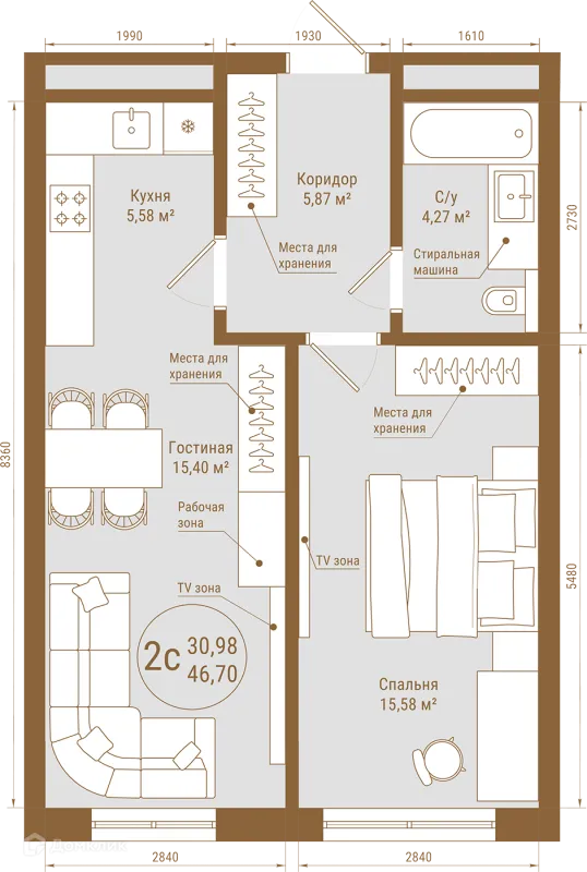 Планировка 2 комн. в ЖК THE PRIME