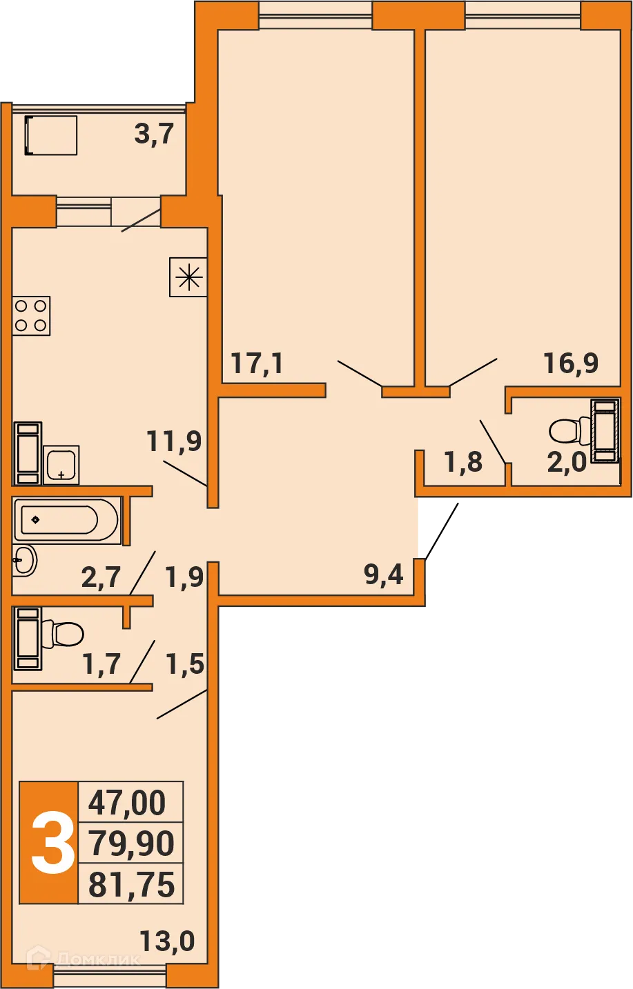 Планировка 2-комнатной квартиры 81.75 м² в ЖК НЬЮ-ЙОРТ, г. Уфа — фото 1