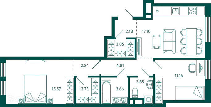 Планировка 2-комнатной квартиры 66.35 м² в ЖК Terle park (Терле Парк), г. Уфа — фото 1