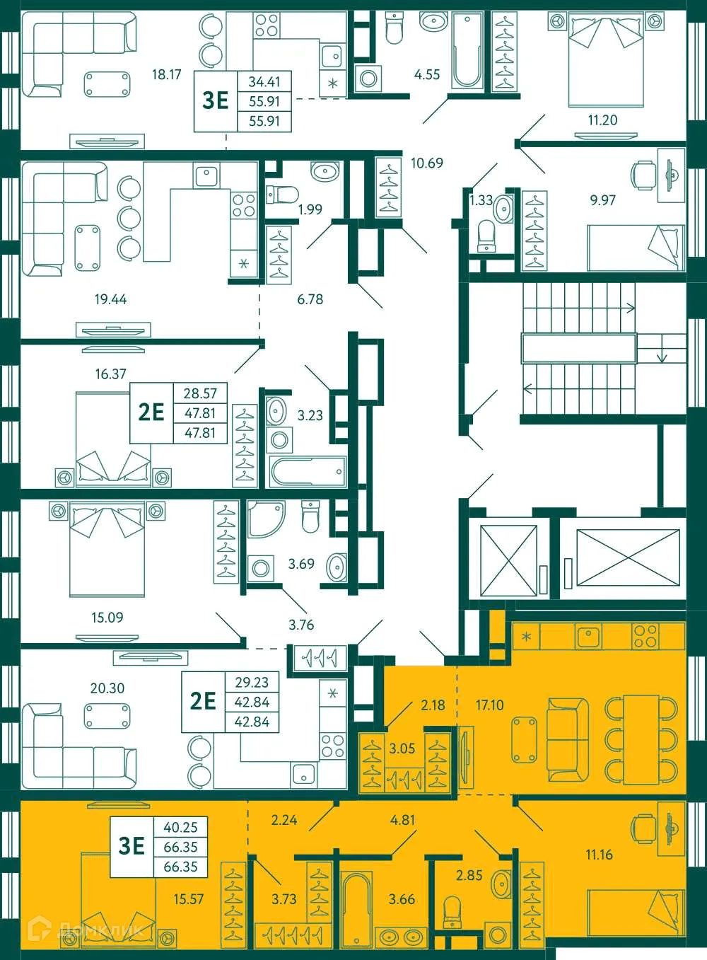 Планировка 2-комнатной квартиры 66.35 м² в ЖК Terle park (Терле Парк), г. Уфа — фото 2
