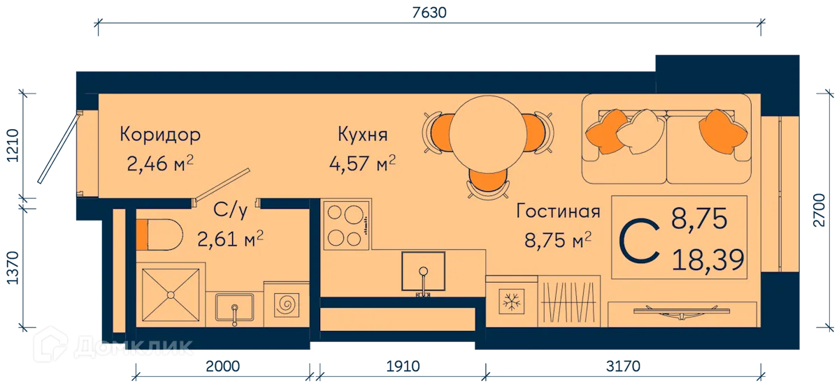 Планировка студии квартиры 18.39 м² в ЖК РИВЕР, г. Уфа — фото 1