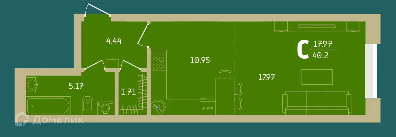 Планировка студии квартиры 40.2 м² в Централ парк, г. Уфа — фото 1