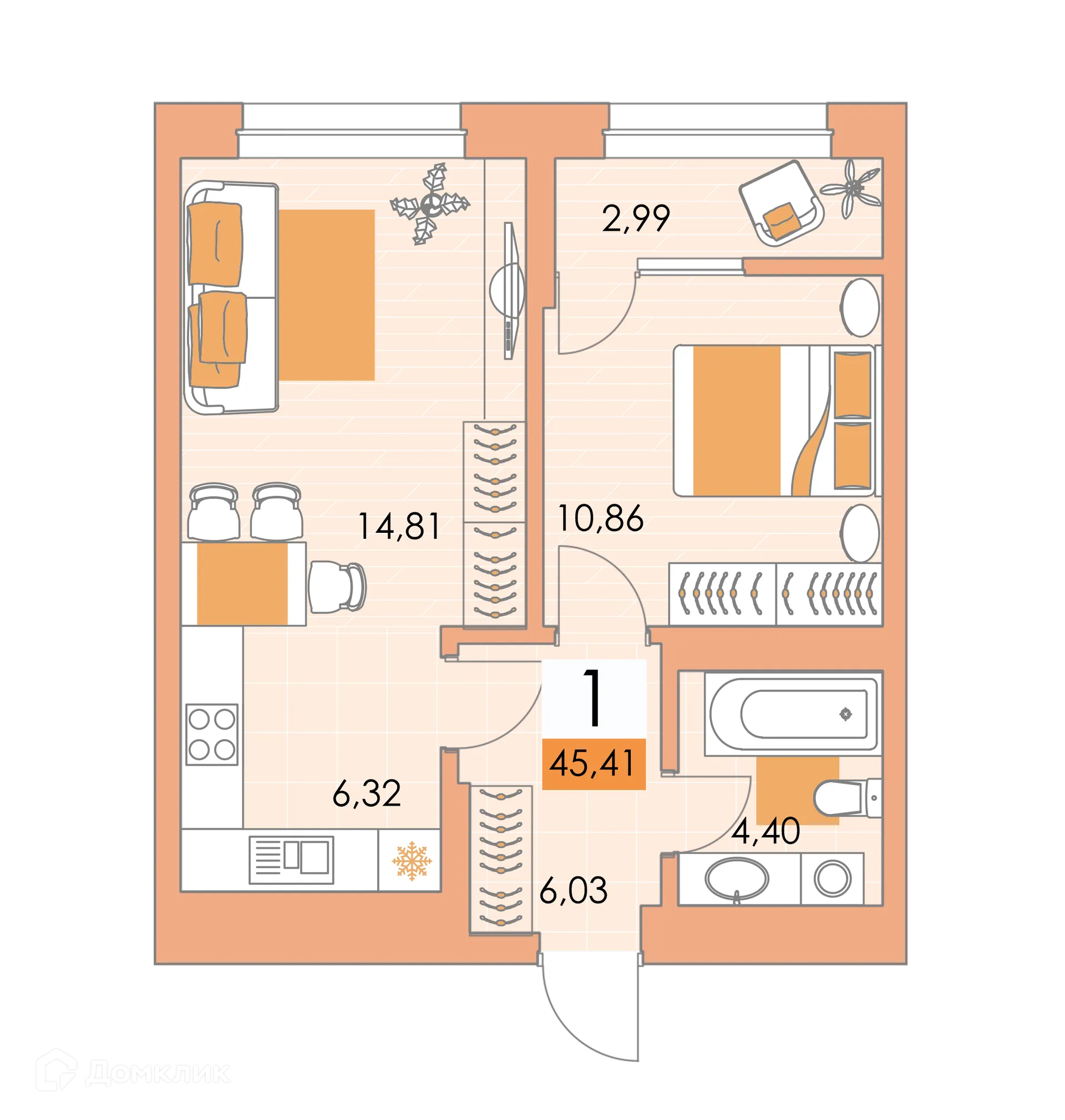 Планировка 1-комнатной квартиры 45.1 м² в ЖК Квартал Самоцветы, г. Уфа — фото 1
