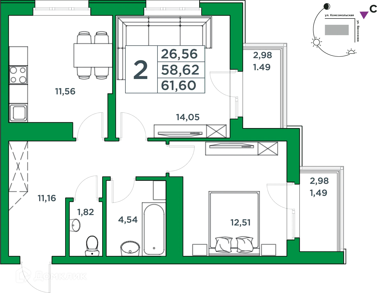 Планировка 2-комнатной квартиры 58.62 м² в ЖК Сапфир, г. Уфа — фото 1