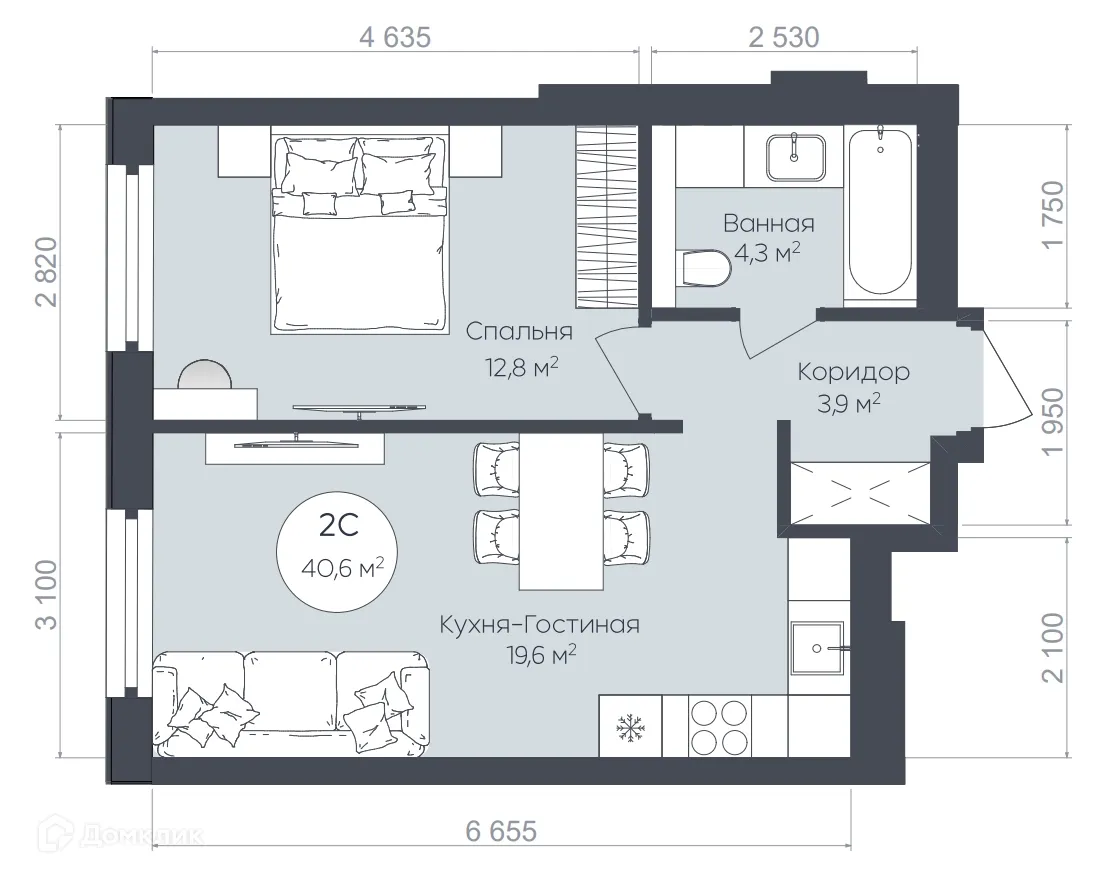 Планировка 2-комнатной квартиры 40.6 м² в ЖК "Le CRISTAL" (Ле Кристал), г. Уфа — фото 1