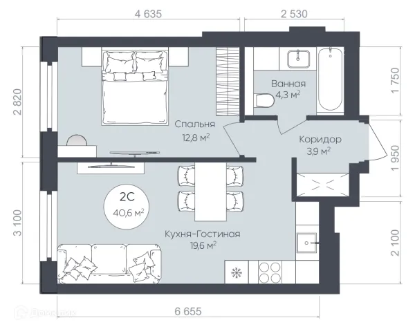 Планировка 2 комн. в ЖК "Le CRISTAL" (Ле Кристал)