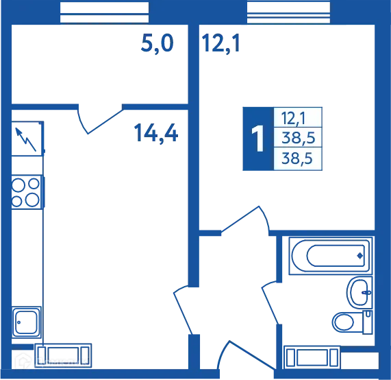 Планировка 1-комнатной квартиры 38.5 м² в ЖК "Новая Дема", г. Уфа — фото 1
