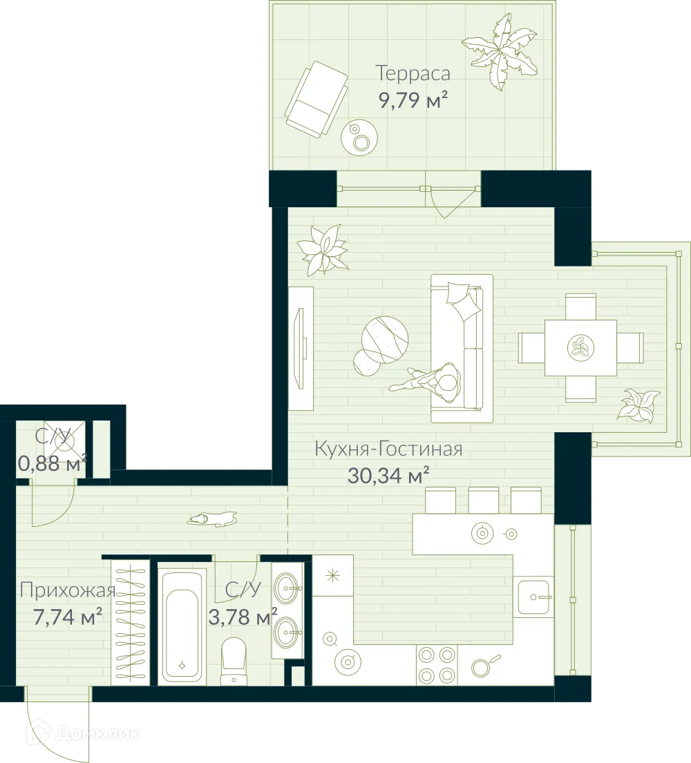Планировка студии квартиры 45.68 м² в ЖК URMAN Сity (Урман Сити), г. Уфа — фото 1