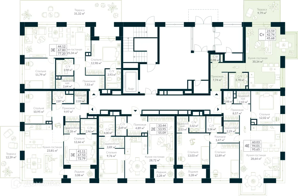 Планировка студии квартиры 45.68 м² в ЖК URMAN Сity (Урман Сити), г. Уфа — фото 2